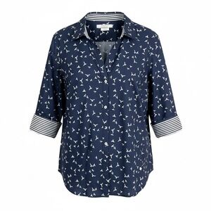 Foxcroft Easy Care Coastal Bird Print Top Womens XL Flip Cuff Business Casual